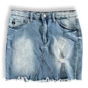 Kancan Denim Mini Skirt Distressed‎ Frayed Hem Light Wash Casual 28